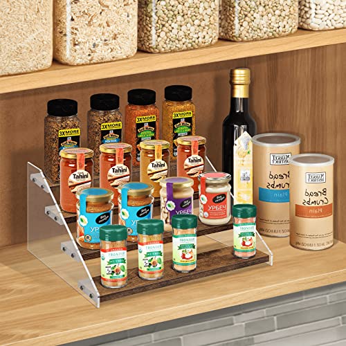 Homode Wood Display Stand, Tiered Wooden Cupcake Stand, 4 Tier Acrylic Display Shelf Riser for Vendors, Pop Figures, Perfumes, Cup Cakes or Collectibles, Rustic Brown