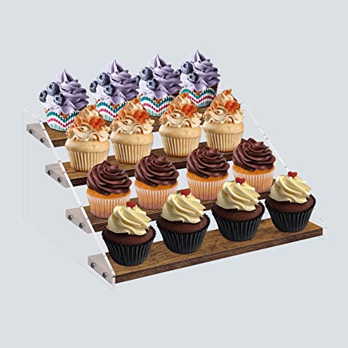 Homode Wood Display Stand, Tiered Wooden Cupcake Stand, 4 Tier Acrylic Display Shelf Riser for Vendors, Pop Figures, Perfumes, Cup Cakes or Collectibles, Rustic Brown