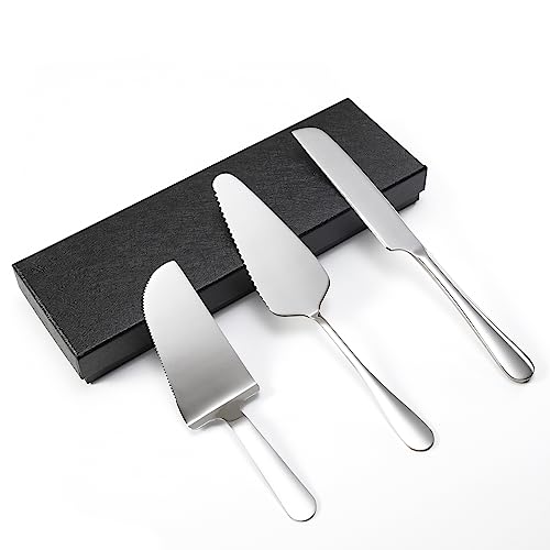 ELEATTRUN Wedding Cake Knife and Server Set 3 Pcs Cake Cutter Stainless Steel Cake Cutting Set for Wedding Silver Cake Cutting Set Perfect for Wedding, Birthday, Parties and Events (3 PCS, Silver)
