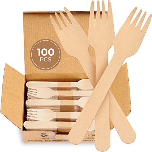 Disposable Wooden Forks Set of 100 Pcs - Eco-Friendly Biodegradable Wooden Forks - Sustainable Biodegradable Utensils - Wooden Cutlery for Parties & Events - 100% Compostable & Natural Wooden Utensils