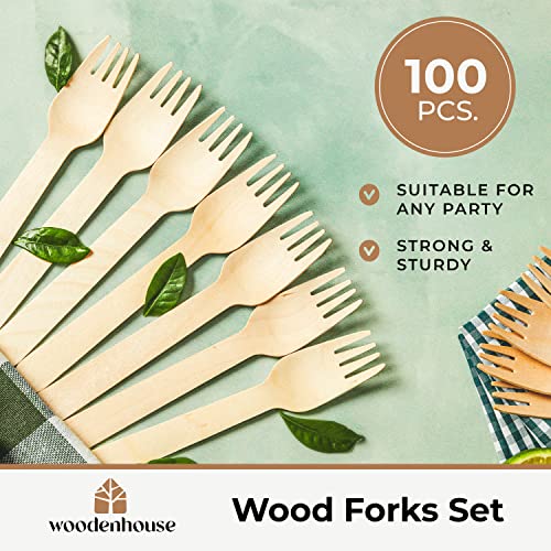 Disposable Wooden Forks Set of 100 Pcs - Eco-Friendly Biodegradable Wooden Forks - Sustainable Biodegradable Utensils - Wooden Cutlery for Parties & Events - 100% Compostable & Natural Wooden Utensils