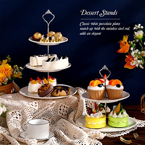 Mimorou 3 Sets Tier Cupcake Stand and 2 Ceramic Serving Tray White Porcelain Cake Round Dessert Pastry Fruit Tea Holders Platter for Wedding Home Birthday,Christmas, Thanksgiving, Gold