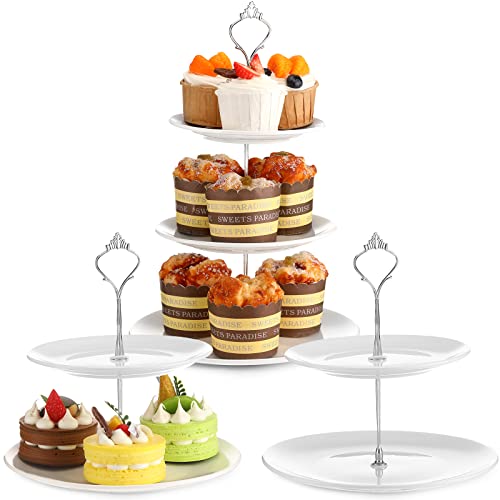 Mimorou 3 Sets Tier Cupcake Stand and 2 Ceramic Serving Tray White Porcelain Cake Round Dessert Pastry Fruit Tea Holders Platter for Wedding Home Birthday,Christmas, Thanksgiving, Gold