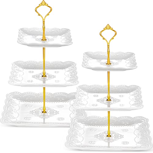 2 Pieces 3 Tier Porcelain Cupcake Stand, White Ceramic Cake Stand, High Tea Stand, Pastry Dessert Serving Tray Embossed Elegant Stand for Wedding, Birthday, Tea Party (Lace Square Style)