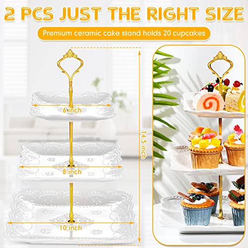 2 Pieces 3 Tier Porcelain Cupcake Stand, White Ceramic Cake Stand, High Tea Stand, Pastry Dessert Serving Tray Embossed Elegant Stand for Wedding, Birthday, Tea Party (Lace Square Style)