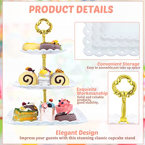 Gandeer 6 Sets of 3 Tier Plastic Cupcake Stand, White Plastic Tiered Serving Stand for Cupcake Stands for Dessert Table Mini Cake Fruit Snack Square Dessert Display Trays for Wedding Birthday