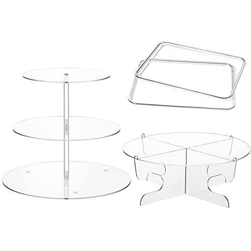 Sawysine 4 Pcs Acrylic Cupcake Stand Set Include 3 Tier Round Cake Stand 1 Tier Dessert Stands Holder 2 Pieces Clear Serving Platter for Tea Party Wedding Birthday Baby Bridal Shower Party Supplies