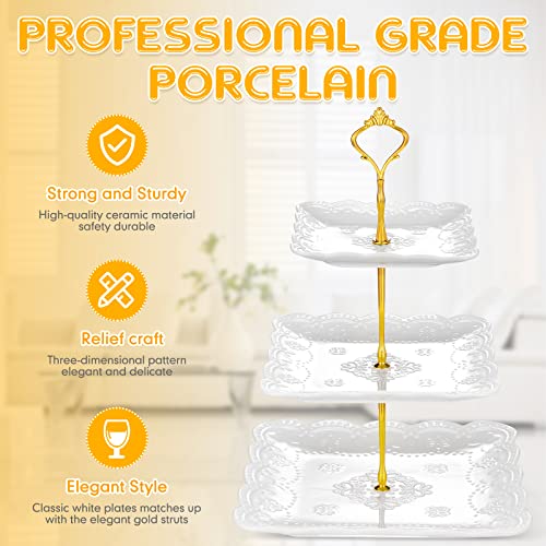 2 Pieces 3 Tier Porcelain Cupcake Stand, White Ceramic Cake Stand, High Tea Stand, Pastry Dessert Serving Tray Embossed Elegant Stand for Wedding, Birthday, Tea Party (Lace Square Style)