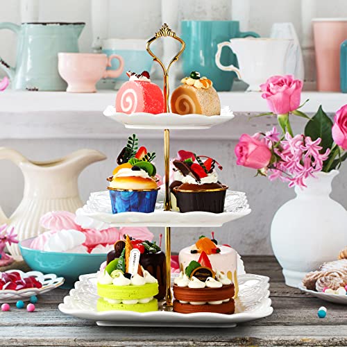 2 Pieces 3 Tier Porcelain Cupcake Stand, White Ceramic Cake Stand, High Tea Stand, Pastry Dessert Serving Tray Embossed Elegant Stand for Wedding, Birthday, Tea Party (Lace Square Style)