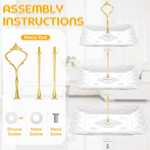 2 Pieces 3 Tier Porcelain Cupcake Stand, White Ceramic Cake Stand, High Tea Stand, Pastry Dessert Serving Tray Embossed Elegant Stand for Wedding, Birthday, Tea Party (Lace Square Style)