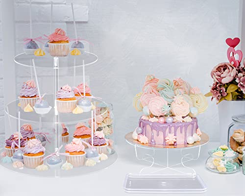 Sawysine 4 Pcs Acrylic Cupcake Stand Set Include 3 Tier Round Cake Stand 1 Tier Dessert Stands Holder 2 Pieces Clear Serving Platter for Tea Party Wedding Birthday Baby Bridal Shower Party Supplies