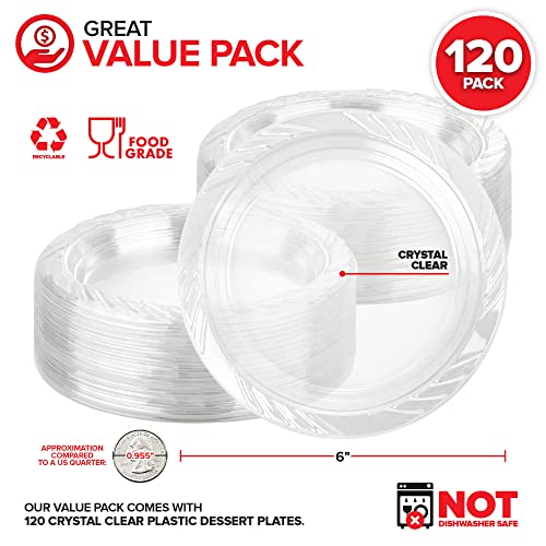 Stock Your Home 6-Inch Clear Plastic Dessert Plates (120 Pack) Flexible Disposable Clear Plates for Dessert & Appetizers, Crystal Clear Small Plates for Parties & Catering, Clear Plastic Party Plates