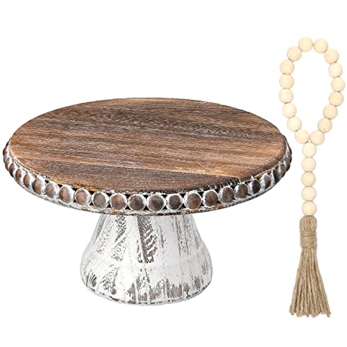 2 Pcs White Wash Round Display Wood Riser and Wood Beaded Garland Decor Set Wooden Rustic Farmhouse Cake Stand Beaded Farmhouse Display Stands Distressed Vintage Pedestal Riser Decor for Bar Kitchen