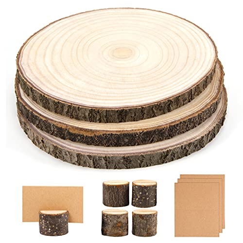 Pllieay 3 Pieces 9-10 Inch Wood Cake Stand Large Wood Slices Serving Tray, with 5 Pieces Cards and 5 Pieces Wood Table Number Card Holders for Table Centerpiece, Wedding Cake and Cheese Board