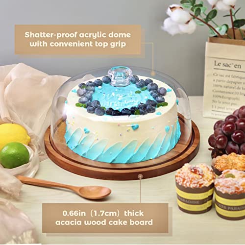 WEHOME Cake Stand with Dome，Acacia Wood Cake Stand with Clear Acrylic Lid，Cake Plate Holder with Cake Cover，Cake Display Server Stand for Cakes，Cupcakes，Pastries,Cookies,Desserts&etc.