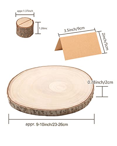 Pllieay 3 Pieces 9-10 Inch Wood Cake Stand Large Wood Slices Serving Tray, with 5 Pieces Cards and 5 Pieces Wood Table Number Card Holders for Table Centerpiece, Wedding Cake and Cheese Board