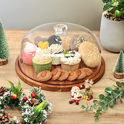 WEHOME Cake Stand with Dome，Acacia Wood Cake Stand with Clear Acrylic Lid，Cake Plate Holder with Cake Cover，Cake Display Server Stand for Cakes，Cupcakes，Pastries,Cookies,Desserts&etc.