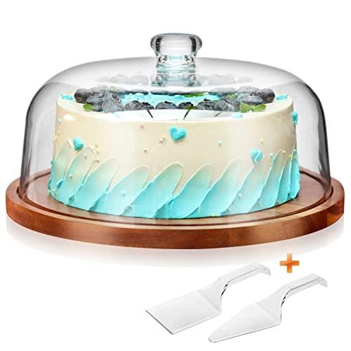 WEHOME Cake Stand with Dome，Acacia Wood Cake Stand with Clear Acrylic Lid，Cake Plate Holder with Cake Cover，Cake Display Server Stand for Cakes，Cupcakes，Pastries,Cookies,Desserts&etc.