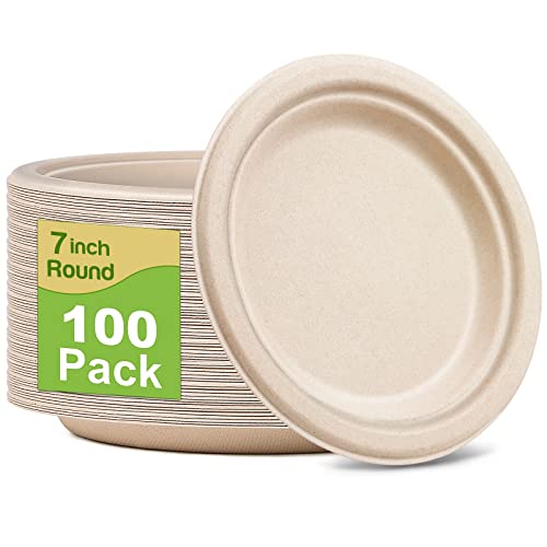GREENESAGE Small Paper Plates 7 Inch, 100 Pack Disposable Plates Bulk, Dessert Cake Party Paper Plates Compostable, Eco Friendly Paper Plates Heavy Duty for Daily Meals, Natural