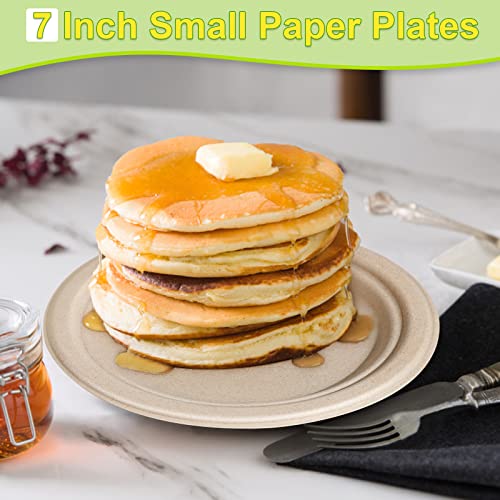 GREENESAGE Small Paper Plates 7 Inch, 100 Pack Disposable Plates Bulk, Dessert Cake Party Paper Plates Compostable, Eco Friendly Paper Plates Heavy Duty for Daily Meals, Natural