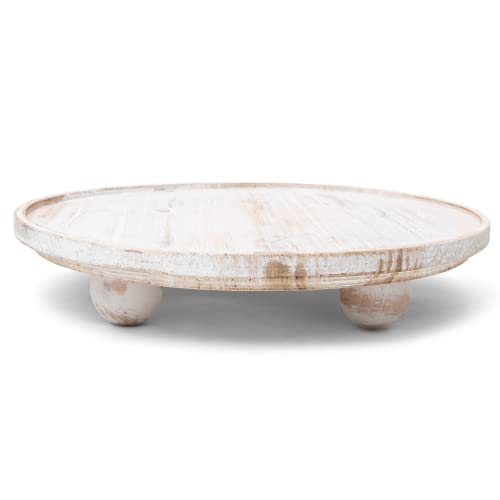 DAILY RITMO White Round Wood Tray Riser | Wooden Farmhouse Pedestal Stand for Decor & Display | Whitewash Footed Rustic Circle Cake Stand 11 inches