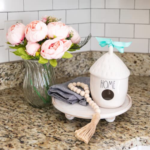 DAILY RITMO White Round Wood Tray Riser | Wooden Farmhouse Pedestal Stand for Decor & Display | Whitewash Footed Rustic Circle Cake Stand 11 inches