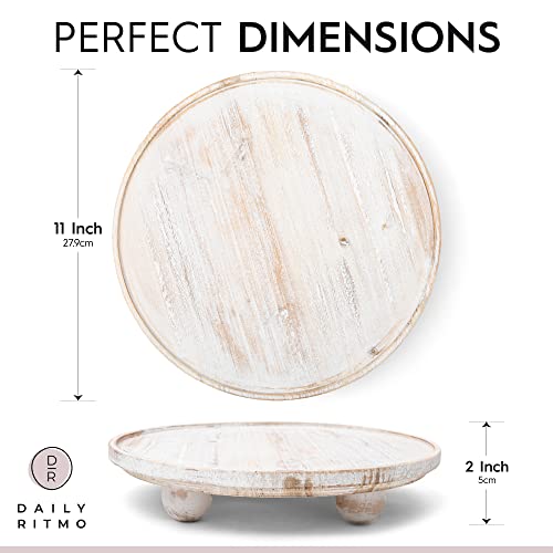 DAILY RITMO White Round Wood Tray Riser | Wooden Farmhouse Pedestal Stand for Decor & Display | Whitewash Footed Rustic Circle Cake Stand 11 inches
