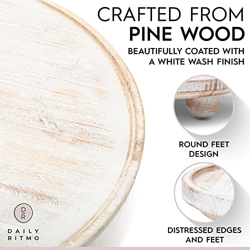 DAILY RITMO White Round Wood Tray Riser | Wooden Farmhouse Pedestal Stand for Decor & Display | Whitewash Footed Rustic Circle Cake Stand 11 inches