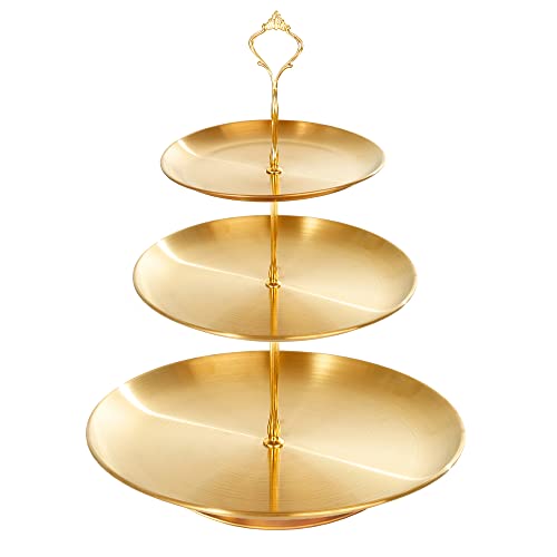 PUWWOT Gold Metal Tiered Cupcake Stand, Stainless Steel 3 Tier Cupcake Display Tower, Cake Stand, Pastry Dessert Holder for Baby Shower Birthday Party Wedding (Stainless Steel Golden)