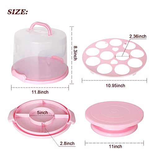 Garmeinea Cake Carrier Cupcake Containers with Lid and Handle Portable Storage & Transport Container Holder 10” Cake Stand for Cake Cupcakes Nuts Pies Muffins Cookies Fruit Pink High