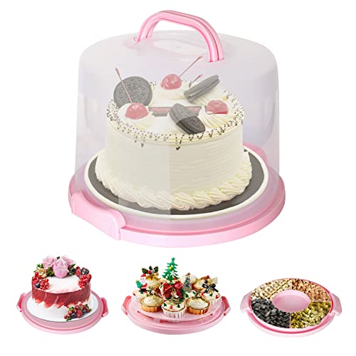 Garmeinea Cake Carrier Cupcake Containers with Lid and Handle Portable Storage & Transport Container Holder 10” Cake Stand for Cake Cupcakes Nuts Pies Muffins Cookies Fruit Pink High