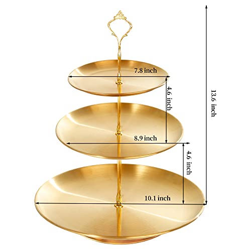 PUWWOT Gold Metal Tiered Cupcake Stand, Stainless Steel 3 Tier Cupcake Display Tower, Cake Stand, Pastry Dessert Holder for Baby Shower Birthday Party Wedding (Stainless Steel Golden)