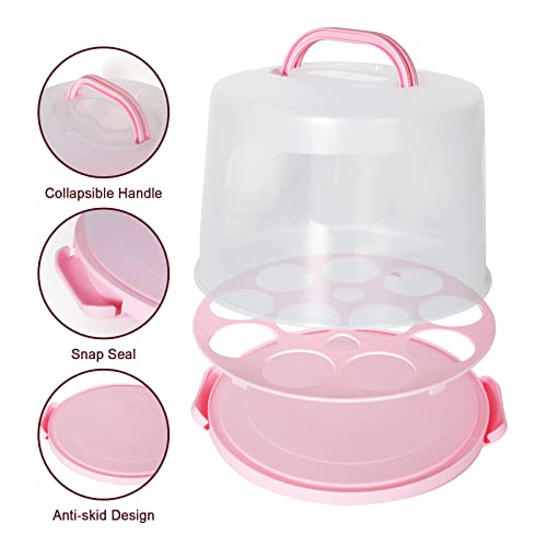 Garmeinea Cake Carrier Cupcake Containers with Lid and Handle Portable Storage & Transport Container Holder 10” Cake Stand for Cake Cupcakes Nuts Pies Muffins Cookies Fruit Pink High