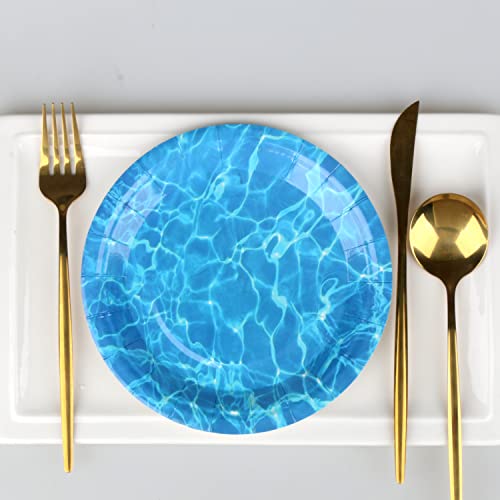 Pandecor 50 Pieces Disposable Ocean Waves Paper Plates,7 inches Cake Dessert Plates for Sea Summer Pool Beach Blue Water Party Decorations (cake plates)