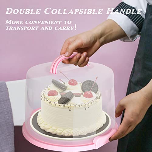 Garmeinea Cake Carrier Cupcake Containers with Lid and Handle Portable Storage & Transport Container Holder 10” Cake Stand for Cake Cupcakes Nuts Pies Muffins Cookies Fruit Pink High