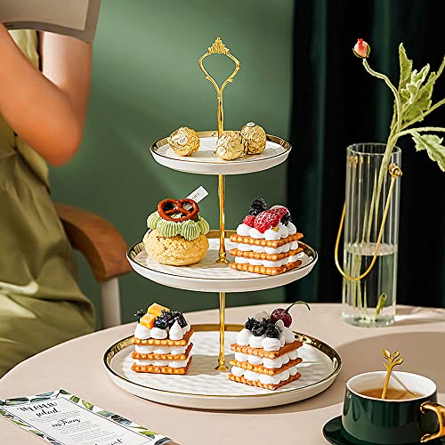 CofeLife Set of 2 Porcelain Cupcake Stand Ceramic Dessert Stand Tiered Serving Trays with Gold Rod, 3 Tiers and 2 Tiers Cake Stand Party Serving Trays Fruit Pastry Holders for Wedding and Party
