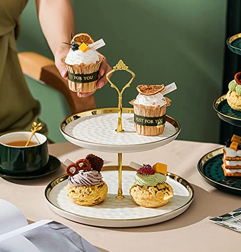 CofeLife Set of 2 Porcelain Cupcake Stand Ceramic Dessert Stand Tiered Serving Trays with Gold Rod, 3 Tiers and 2 Tiers Cake Stand Party Serving Trays Fruit Pastry Holders for Wedding and Party