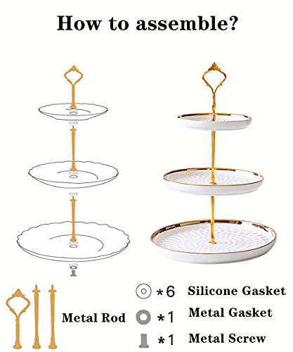 CofeLife Set of 2 Porcelain Cupcake Stand Ceramic Dessert Stand Tiered Serving Trays with Gold Rod, 3 Tiers and 2 Tiers Cake Stand Party Serving Trays Fruit Pastry Holders for Wedding and Party