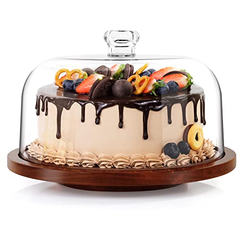 Cake Stand with Dome, Rotating Cake Plate Acacia Wood Cake Stand with Acrylic Lid, Cake Display Server Tray, Cake Decorating Turntable for Baking Gifts, Birthday Kitchen Party, Weddings