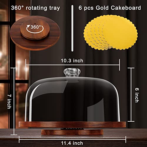 Cake Stand with Dome, Rotating Cake Plate Acacia Wood Cake Stand with Acrylic Lid, Cake Display Server Tray, Cake Decorating Turntable for Baking Gifts, Birthday Kitchen Party, Weddings