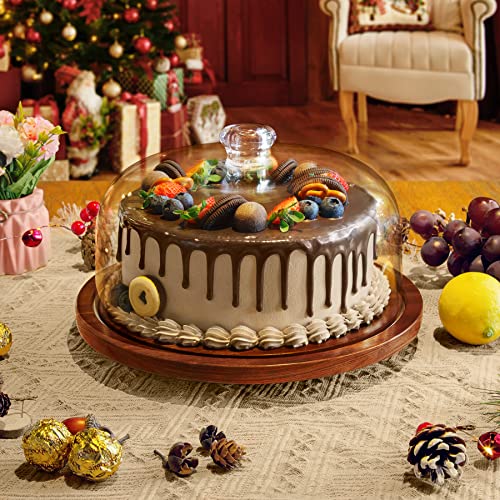 Cake Stand with Dome, Rotating Cake Plate Acacia Wood Cake Stand with Acrylic Lid, Cake Display Server Tray, Cake Decorating Turntable for Baking Gifts, Birthday Kitchen Party, Weddings