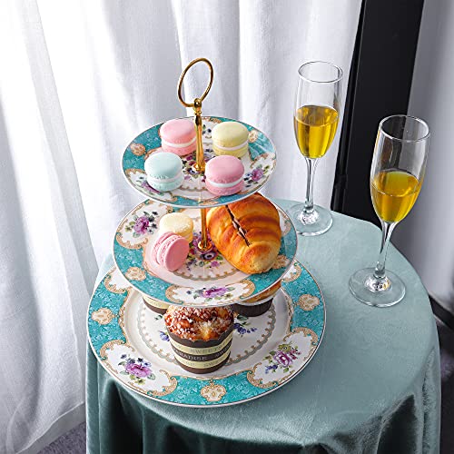 fanquare 3 Tier Porcelain Cake Stand, Blue Vintage Cupcake Stand, Display Tower Tray for Party, Birthday, Wedding