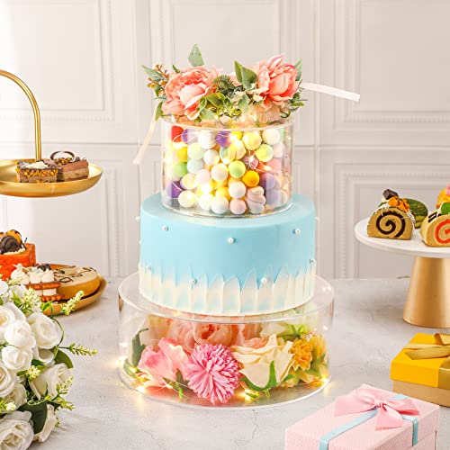 2 Pcs Acrylic Fillable Cake Stand Clear Cake Riser with LED Lights Cylinder Stand Display 10" D x 4" H and 6" D x 4" Round Cake Box Cake Tier for Wedding Birthday Party