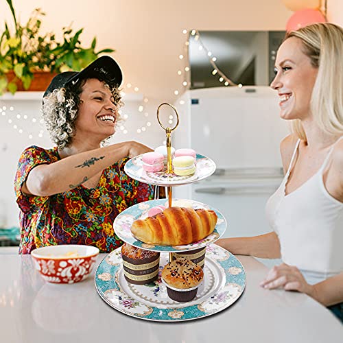 fanquare 3 Tier Porcelain Cake Stand, Blue Vintage Cupcake Stand, Display Tower Tray for Party, Birthday, Wedding