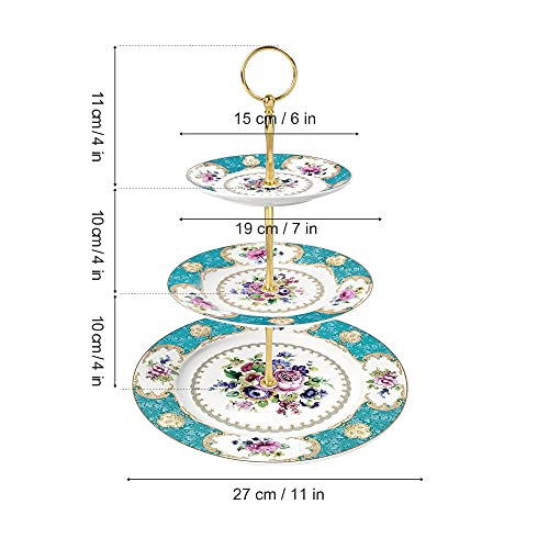 fanquare 3 Tier Porcelain Cake Stand, Blue Vintage Cupcake Stand, Display Tower Tray for Party, Birthday, Wedding