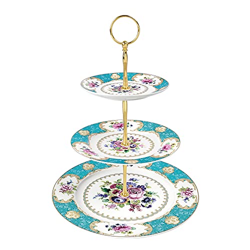 fanquare 3 Tier Porcelain Cake Stand, Blue Vintage Cupcake Stand, Display Tower Tray for Party, Birthday, Wedding