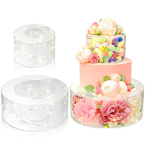 2 Pcs Acrylic Fillable Cake Stand Clear Cake Riser with LED Lights Cylinder Stand Display 10" D x 4" H and 6" D x 4" Round Cake Box Cake Tier for Wedding Birthday Party