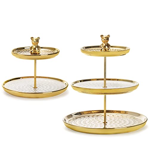 Tosnail Set of 2 Porcelain Cupcake Stand, Ceramic Dessert Stand Tiered Serving Trays, 3 Tiers and 2 Tiers Cake Stand Party Serving Trays, Fruit Pastry Holders for Wedding and Party - Gold Bear Rod