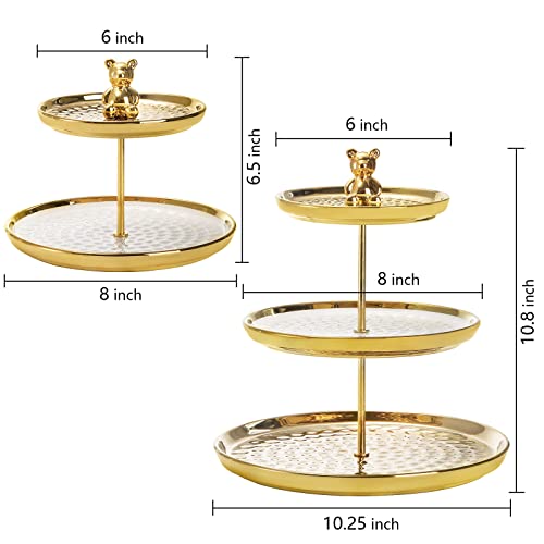 Tosnail Set of 2 Porcelain Cupcake Stand, Ceramic Dessert Stand Tiered Serving Trays, 3 Tiers and 2 Tiers Cake Stand Party Serving Trays, Fruit Pastry Holders for Wedding and Party - Gold Bear Rod