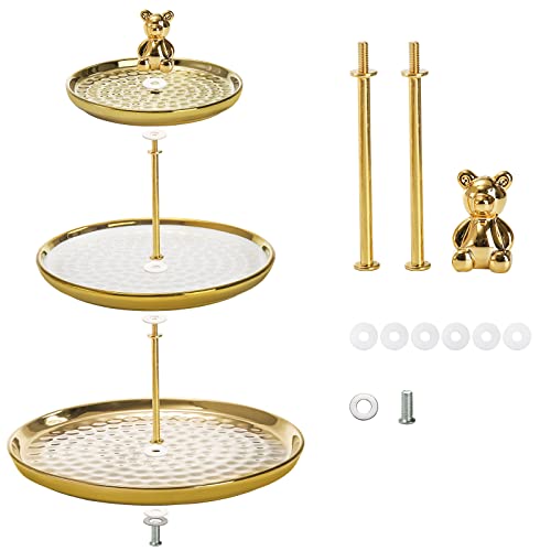 Tosnail Set of 2 Porcelain Cupcake Stand, Ceramic Dessert Stand Tiered Serving Trays, 3 Tiers and 2 Tiers Cake Stand Party Serving Trays, Fruit Pastry Holders for Wedding and Party - Gold Bear Rod